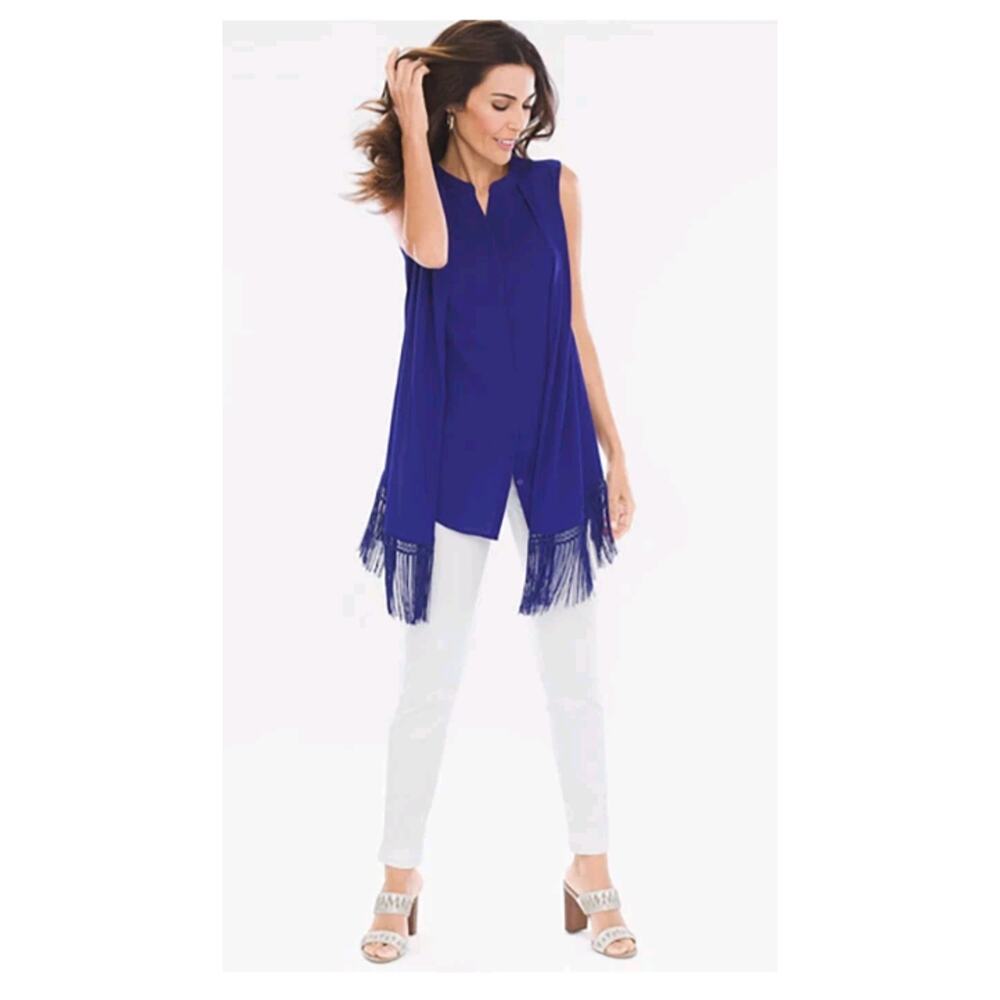 Chico's Drama Fringe Trim Sleeveless Tunic Blouse Cobalt Blue Size 2P Large 12